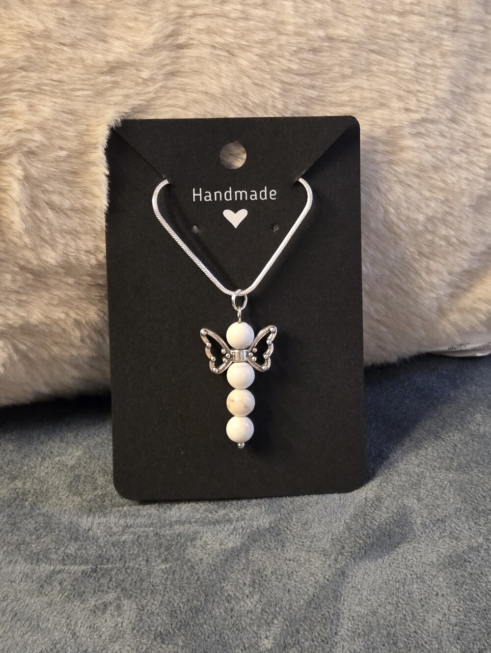 White Howlite Beaded Silver Angel Necklace - Hand Crafted